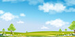 © Anchalee - Environmental background,Spring landscape with tree flower in park,Vector illustration village scene green grass meadow on hill with cloud blue sky,Nature Farm lawn field in garden in sunny day summer