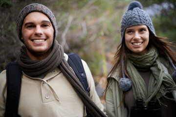 Poster - Couple, happy and hiking in forest or nature for travel, adventure or holiday for experience or fitness. Man, woman and trekking outdoor in woods for cardio, exercise or workout with care or backpack