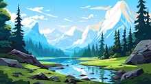 Cartoon Landscape Mountains With Snowy Peaks, Clear Blue Sky , Fluffy White Clouds, A Lush Green Forest Of Pine Trees Surrounds A Winding Turquoise River.