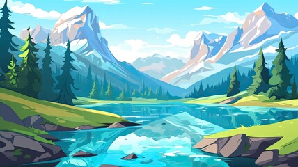 Wall Mural - cartoon landscape mountains with snowy peaks, clear blue sky , fluffy white clouds, A lush green forest of pine trees surrounds a winding turquoise river.