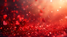 Red Valentines Day Heart Particles And Sprinkles Confetti For A Holiday Celebration On 14th February 2024. Shiny Red Lights. Wallpaper Background For Ads Or Gifts Wrap And Web Design, Generative Ai