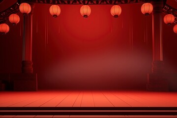 empty stage and lanterns with red background 3d rendering with generative ai