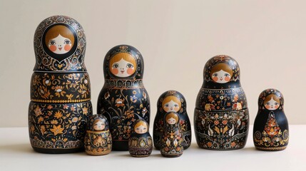 A set of wooden stacking dolls, hand-painted with intricate folk art motifs, each one nestled within the next, like a family of secrets,