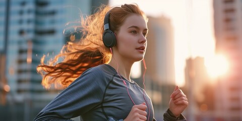 Poster - young woman running outdoor, healthy lifestyle concepts