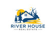 River house ranch sunset, property business logo with silhouette elements of antlered deer, pine trees and river or lake water. 