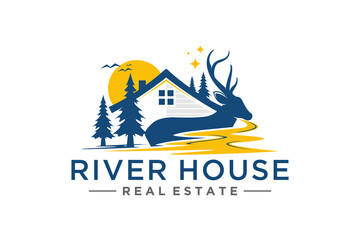 river house ranch sunset, property business logo with silhouette elements of antlered deer, pine tre