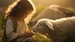 Capturing serenity: a tender portrayal of the little child Jesus Christ herding sheep, an endearing and symbolic scene embodying innocence, faith, and the pastoral charm of the biblical narrative