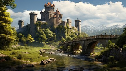 Wall Mural - Ancient medieval castle proudly stands on a hill, encircled by a protective moat. Historic fortress, hilltop stronghold, ancient architecture, fortified structure. Generated by AI.