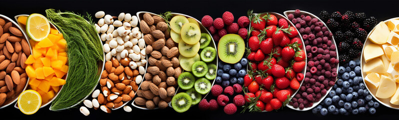 Wall Mural - arranged in groups by colour close up fruits, vegetables, cereals, spices, bakery products, dairy products, sweets top view