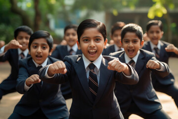 A group of smart and energetic school students wearing uniforms showing their fists