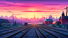 Railroad At Sunset, Transportation And Travel Concept, Train Tracks With Scenic Nature And Industrial Charm