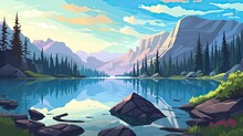 Cartoon Illustration Of  Mountain Ranges, Pristine Lakes, And Glaciers. Tropical Paradise Rocky Cliffs With Tree And Calm Blue Waters.