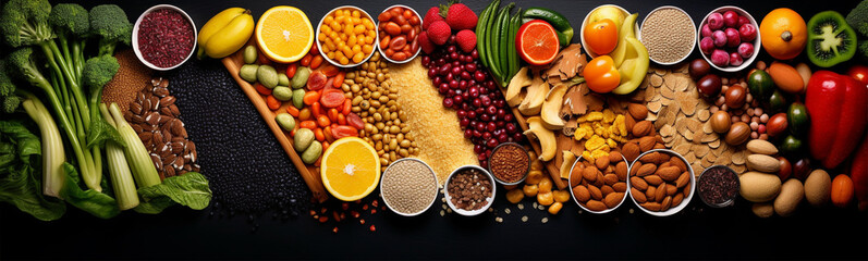 Wall Mural - arranged in groups by colour close up fruits, vegetables, cereals, spices, bakery products, dairy products, sweets top view