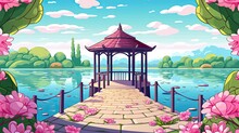 Cartoon Illustration Of Chinese Gazebo On The Lake With Water Lilies And Willows.