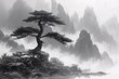 Foggy Mountain Scenery with a Bonsai Tree Generative AI