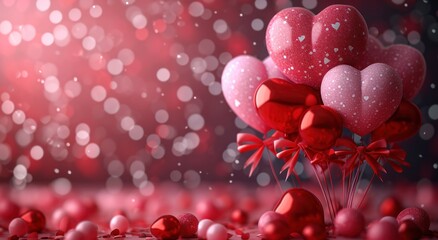 Poster - valentine background, floating balloons and bows in the center