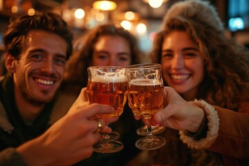 Wall Mural - young people toasting beer in a group of friends