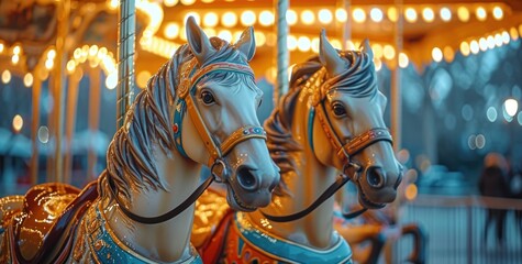 two horses on a carousel in the city,