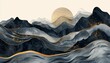 Abstract watercolor and golden with black ink mountains landscapes. Wavy lines. Fluid brush strokes