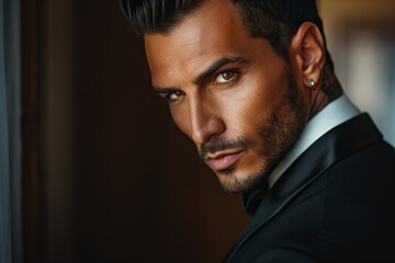 Wall Mural -  tanned skin, hot and attractive Italian mafia billionaire with a tattoo on his neck , wearing a luxurious black suit. Looking at camera with piercing and sensual gaze .