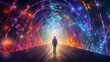 Cosmic Journey: Captivating Traveler Through Vibrant Light Tunnel, Gaining Positive 