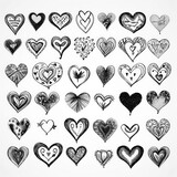 Fototapeta  - Set of creative hearts. Collection of heart drawings on a white background. Set of hand drawn hearts. Romantic and love illustrations, high-quality drawings of high detail. Monochrome illustration.