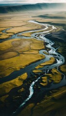  Aerial abstract of a river in Iceland. Seen from a plane.  generative, AI.