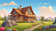 cartoon landscape with wooden home 