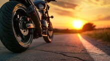A Motorcycle Parking On The Road Right Side And Sunset, Select Focusing Background