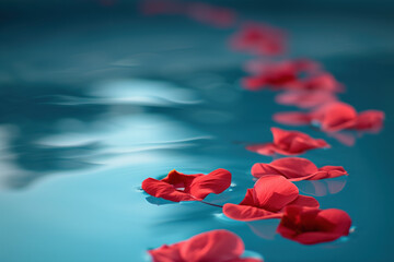 Poster - Red flower petals in pool water. Background image. Created with Generative AI technology