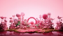 Tiny Pink Jungle On Pink Background, Pink Nature