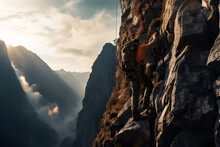 A Man Climbing Up The Side Of A Mountain 