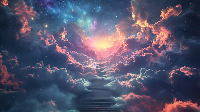 stairway leading up to heavenly sky toward the light