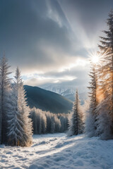 Wall Mural - The sun shines brightly through the clouds over a frozen forest in a mountainous area with mountains in the background