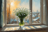 Fototapeta  - A large bouquet of snowdrops stands on the windowsill in a vase, behind it is early spring with snow. Warm spring rays of the sun penetrate the room with a bouquet of flowers. spring has come