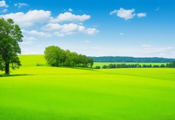 Wall Mural - Country landscape with fields green grass trees