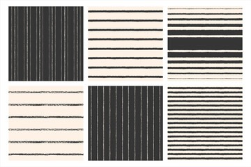 Leinwandbilder - Hand drawn striped vector seamless patterns set. Black and white brush, chalk, charcoal drawn stripes, lines, streaks, bars, pinstripes. Rough, textured edges. Monochrome square backgrounds collection