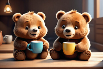 Wall Mural - Two cartoon cute bears holding mugs - Concept of love