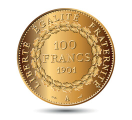 French Gold 100 Francs coin, isolated on a white background. Vector illustration.