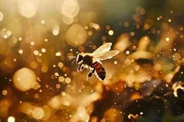Wall Mural - In a realm where fantasy blurs with the micro wonders of nature, a single bee is captured in sharp relief against a blur of its companions.