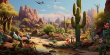 A Desert Oasis With Blooming Cacti, Where A Flock Of Colorful Parakeets Gathers, And A Family Of Meerkats Forages For Food.