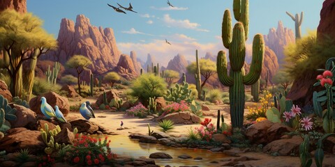 Wall Mural - A desert oasis with blooming cacti, where a flock of colorful parakeets gathers, and a family of meerkats forages for food.