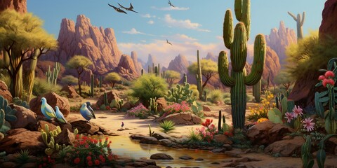 A desert oasis with blooming cacti, where a flock of colorful parakeets gathers, and a family of meerkats forages for food.