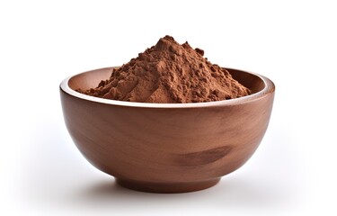 Wall Mural - Wooden bowl containing cocoa powder in the photo on a white background