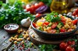 Nutritious mixed salad with chickpeas, couscous, cherry tomatoes, broccoli and parsley in a black bowl on a rustic table.