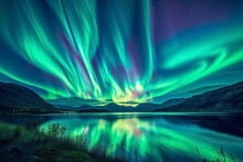 Hyper Realistic Painting Of Aurora In The Night Sky With Polar Lights. Night Winter Landscape With Aurora And Reflection On The Water Surface. Stunning Natural Background Photo. Generated AI.