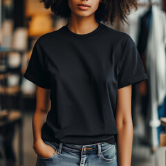 Wall Mural - Black T-shirt Mockup, Black Woman, Girl, Female, Model, Wearing a Black Tee Shirt and Blue Jeans, Oversized Blank Shirt Template, Standing in a Clothing Store, Close-up View