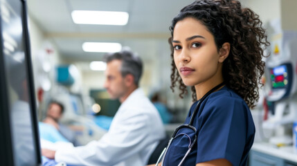 Poster - young medical professional with curly hair, wearing a blue scrub top and a stethoscope