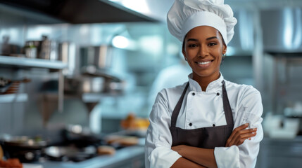 Wall Mural - smiling woman dressed in a chef's uniform with a white hat and apron stands confidently in a professional kitchen