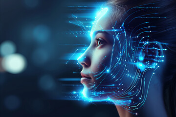 Poster - Portrait of a futuristic android woman with advanced technology data overlay